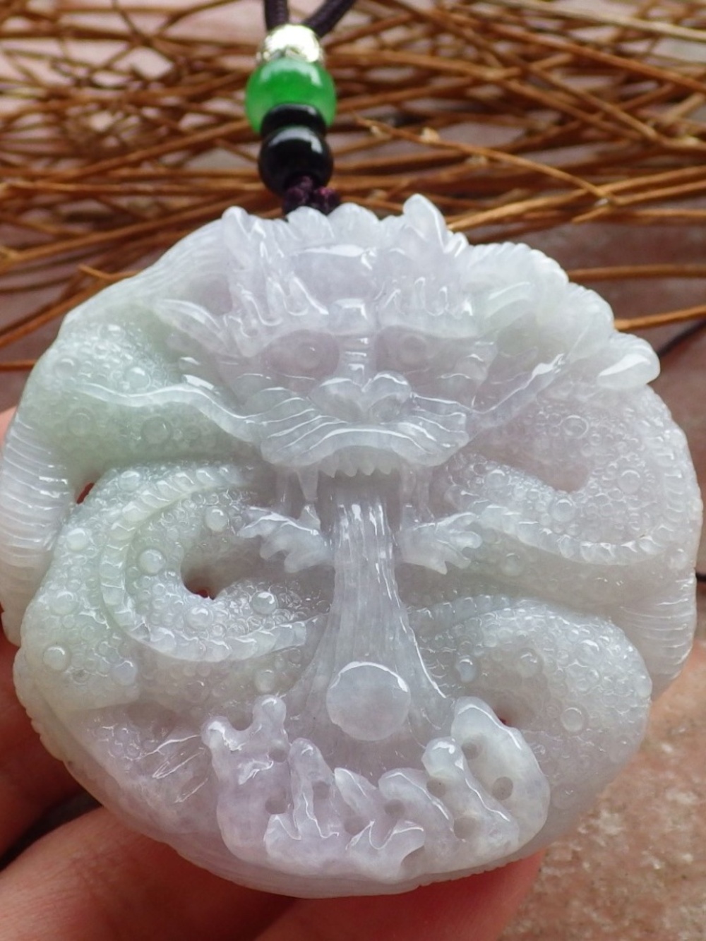 Certified Natural Green Lavender Burma A Jade Jadeite Dragon Pendant Necklace